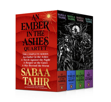 Box set of 'An Ember in the Ashes' quartet by Sabaa Tahir on a white background