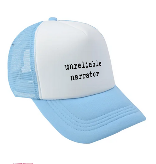 Unreliable Narrator Bookish Cap | Minimalistic White & Blue Baseball Hat for Readers