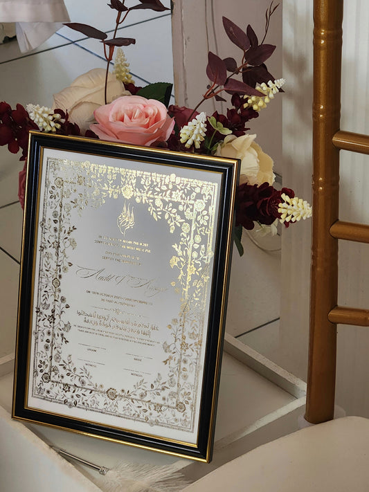 Luxury Foiled Marriage Certificate | Personalized Wedding Keepsake | Custom Nikaah Gift with Frame and Gift Packaging