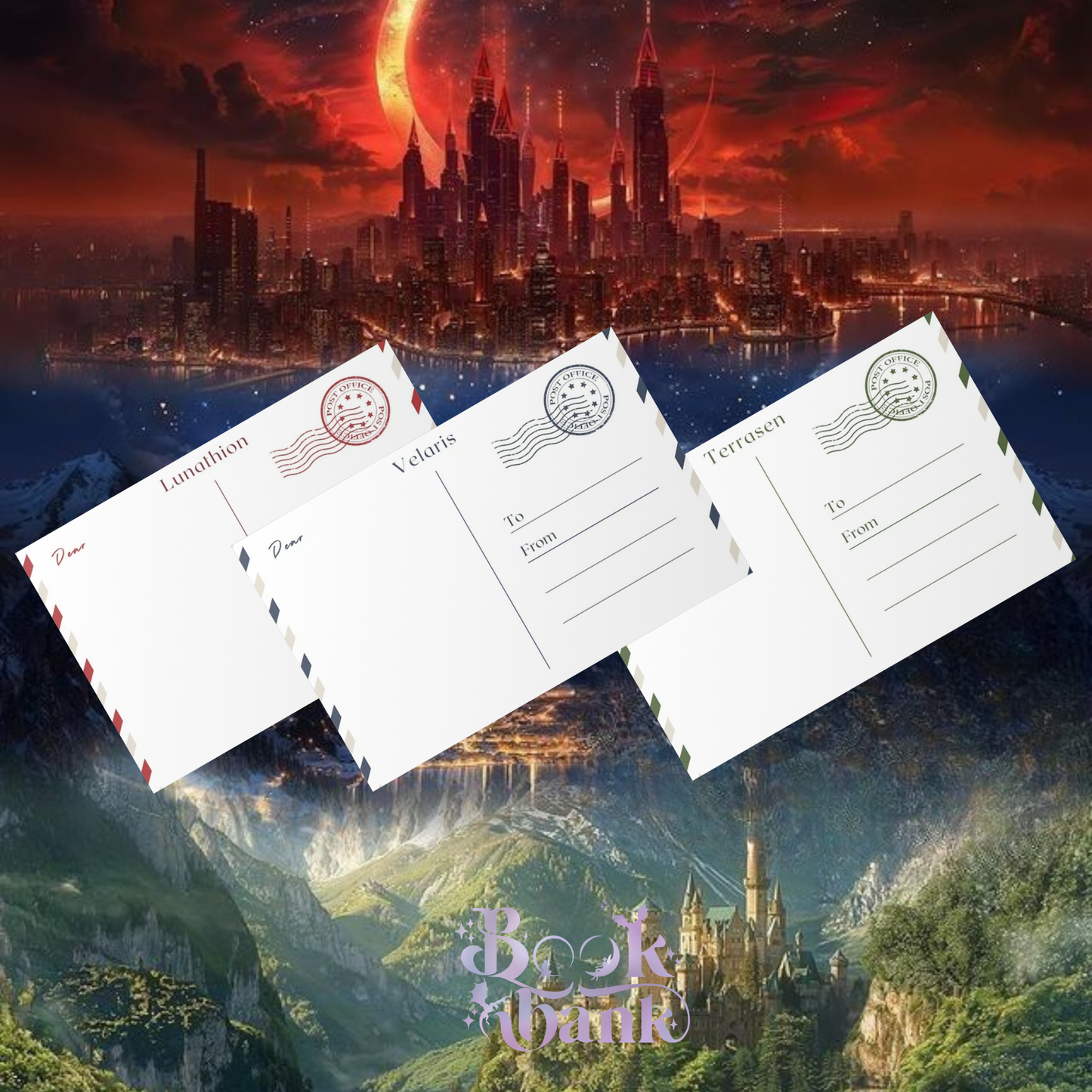 Sarah J Maas Worlds Inspired Postcards | Crescent City | Throne of Glass | Acotar | Letter | Card | Greeting Card | Velaris | Terrasen | Lunathion