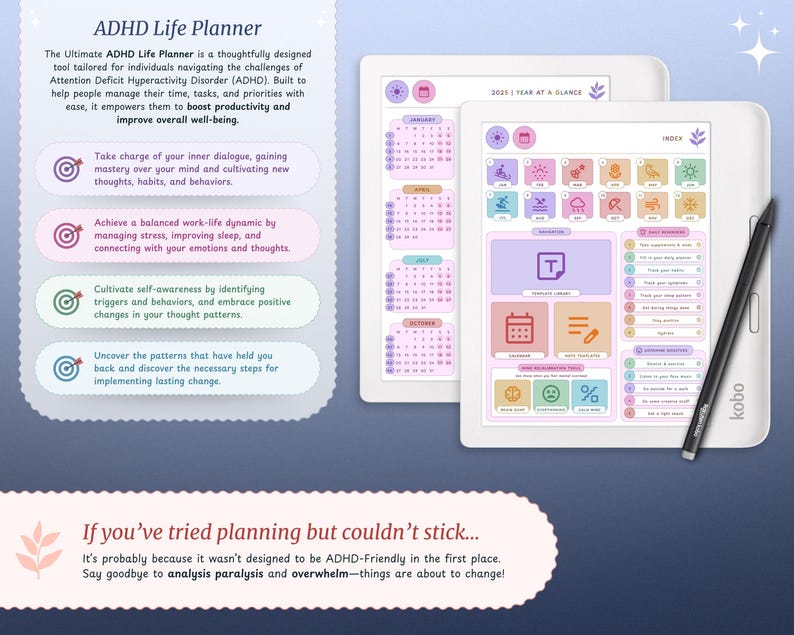 ADHD Kobo Libra Colour Planner for 2025, 2026 | Kobo Libra Colour Template | Kobo Libra Colour Daily, Weekly, Monthly, Journal, Calendar Digital Download