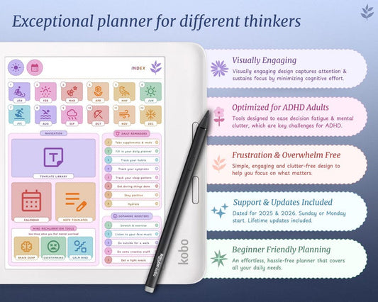 ADHD Kobo Libra Colour Planner for 2025, 2026 | Kobo Libra Colour Template | Kobo Libra Colour Daily, Weekly, Monthly, Journal, Calendar Digital Download