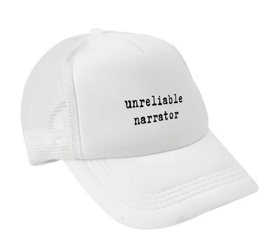 Unreliable Narrator Bookish Cap | Minimalistic White & Blue Baseball Hat for Readers
