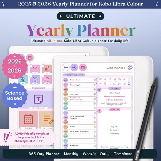 ADHD Kobo Libra Colour Planner for 2025, 2026 | Kobo Libra Colour Template | Kobo Libra Colour Daily, Weekly, Monthly, Journal, Calendar Digital Download