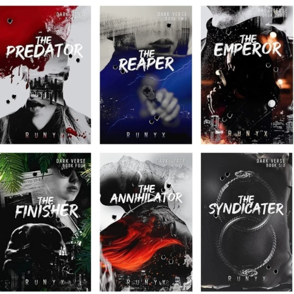 A collection of six books in the dark verse series with dark, moody covers featuring a mix of fantasy and horror themes. Titles include 'The Predator', 'The Reaper', 'The Annihilator', 'The Finisher', 'The Syndicator', and The Emperor'.