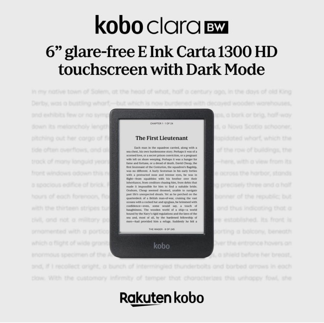 Kobo Clara BW | eReader | 6” Glare-Free Touchscreen with ComfortLight PRO | Dark Mode Option | Audiobooks | Waterproof | 16GB Storage | Black