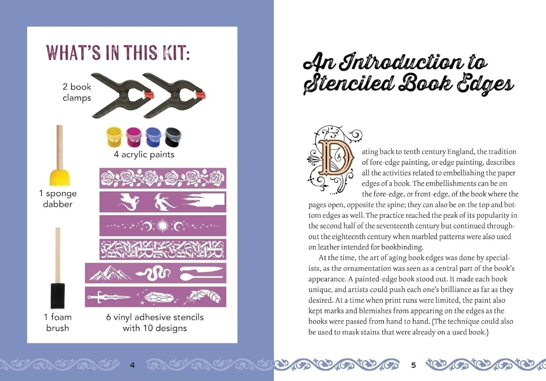 Stenciled Book Edges Kit: Turn Your Favorite Books Into Custom Works of Art - Includes: Project Book, Paint Pots, Stencils, Sponge Tools, Book Clamps | DIY Custom Edges on Your Book
