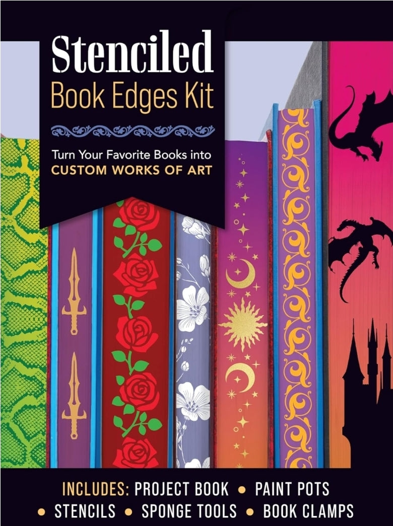 Stenciled Book Edges Kit: Turn Your Favorite Books Into Custom Works of Art - Includes: Project Book, Paint Pots, Stencils, Sponge Tools, Book Clamps | DIY Custom Edges on Your Book
